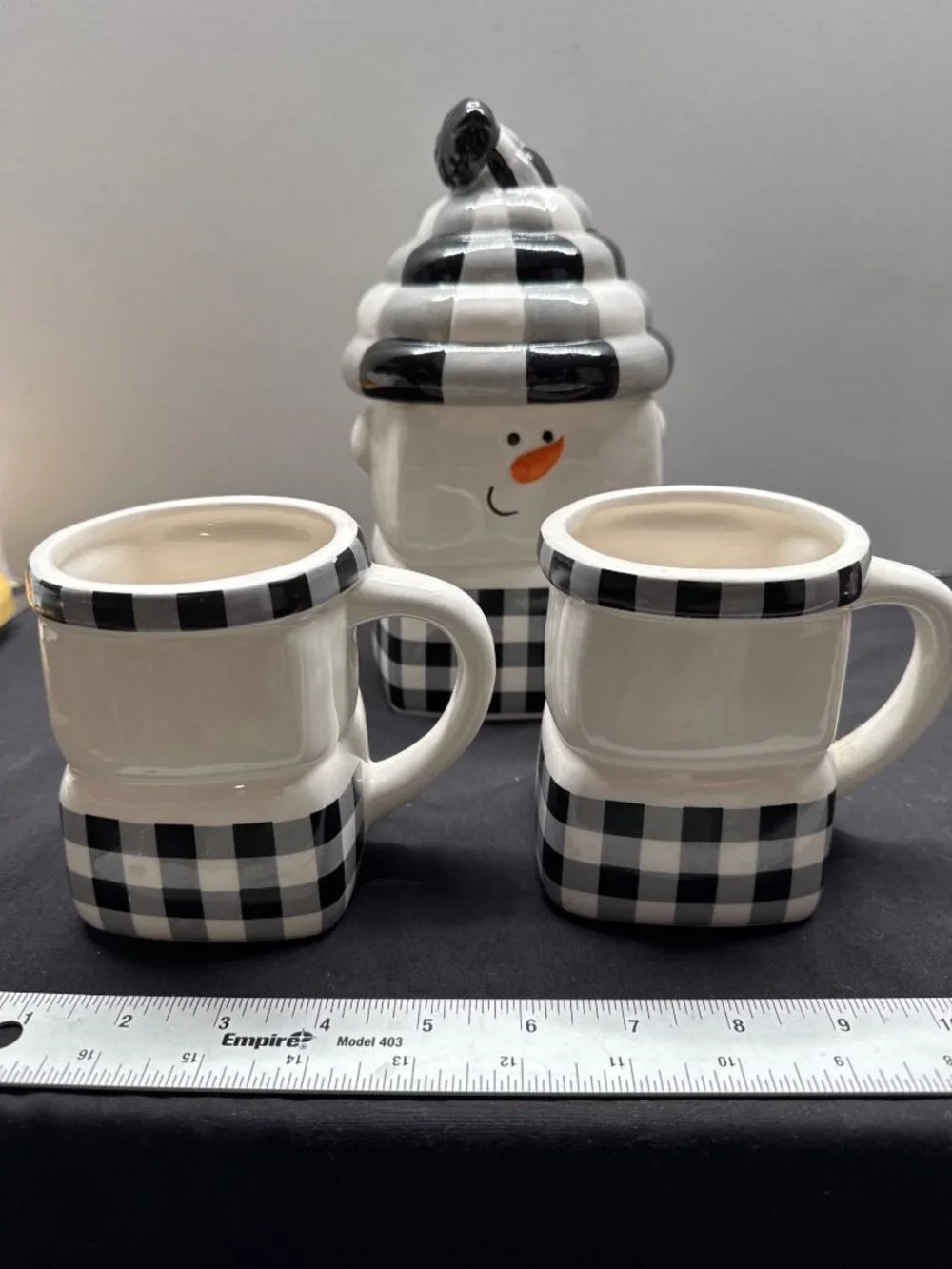 Joyous Snowman 2025 Ceramic Jar & Mug Set With Black & White Buffalo Check Desig